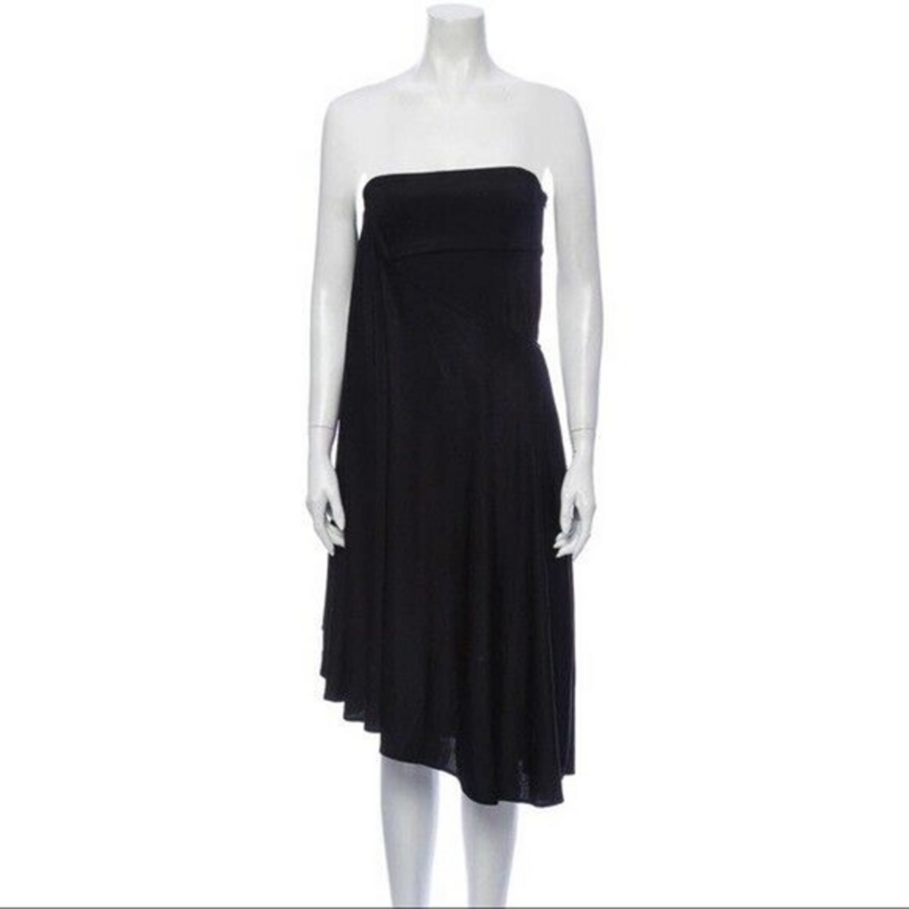 Mara Hoffman Black Strapless Silk Midi Dress XS Asymmetrical Hem Flowy